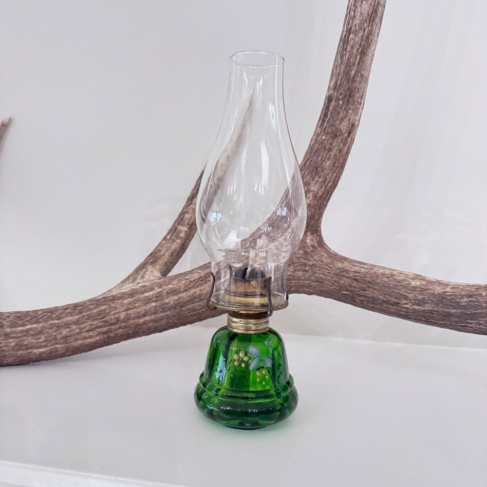 Vintage P&A Mfg Co Eagle Green Glass Miniature Oil Lamp Hand Painted Floral